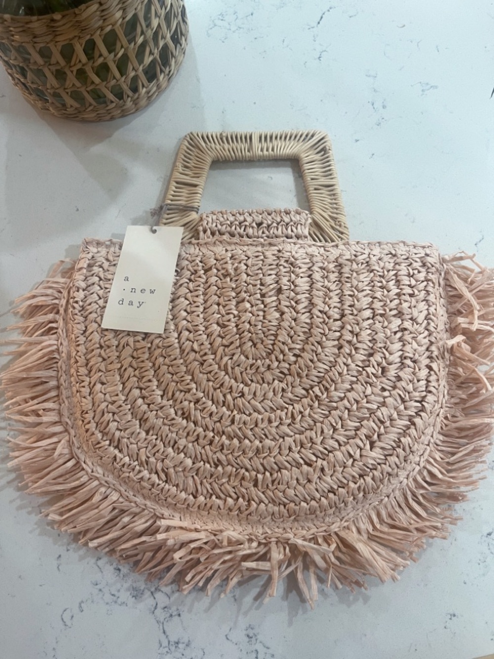 NWT Target Pink Raffia Woven Fringe Mini Bag - Picture 3 of 5